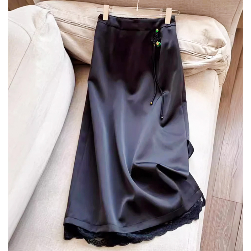 【茵姐推荐】新款新中式流苏盘扣蕾丝边开叉中长款半身裙3284