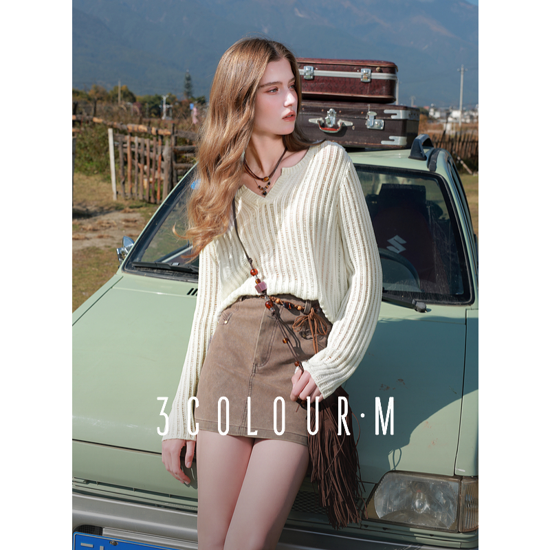 【大瑶专享】D401CM403M00三彩2025春季新款小V领镂空亮片毛衣dbx