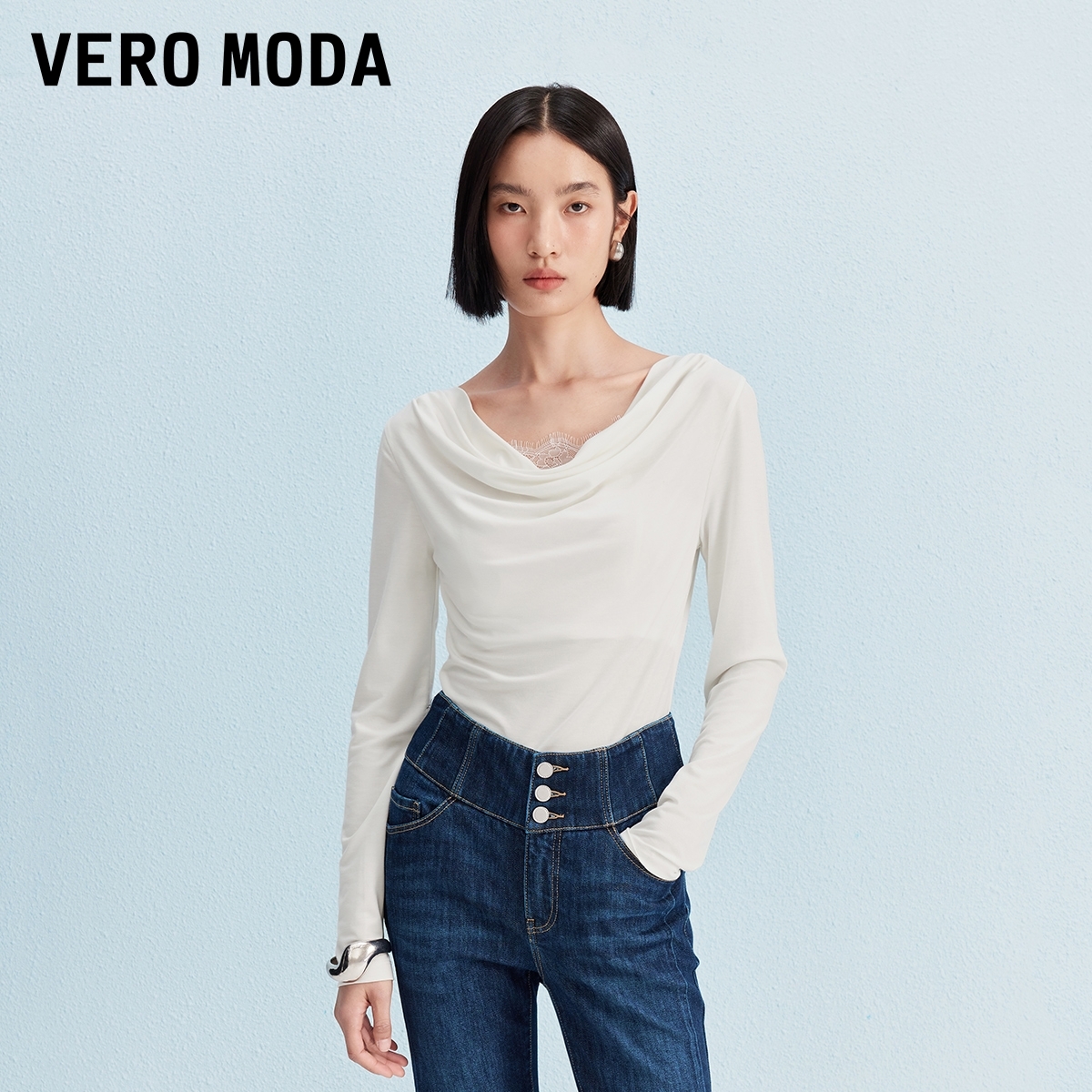 Vero ModaT恤25秋季新款蕾丝拼接荡领修身显瘦上衣百搭长袖打底