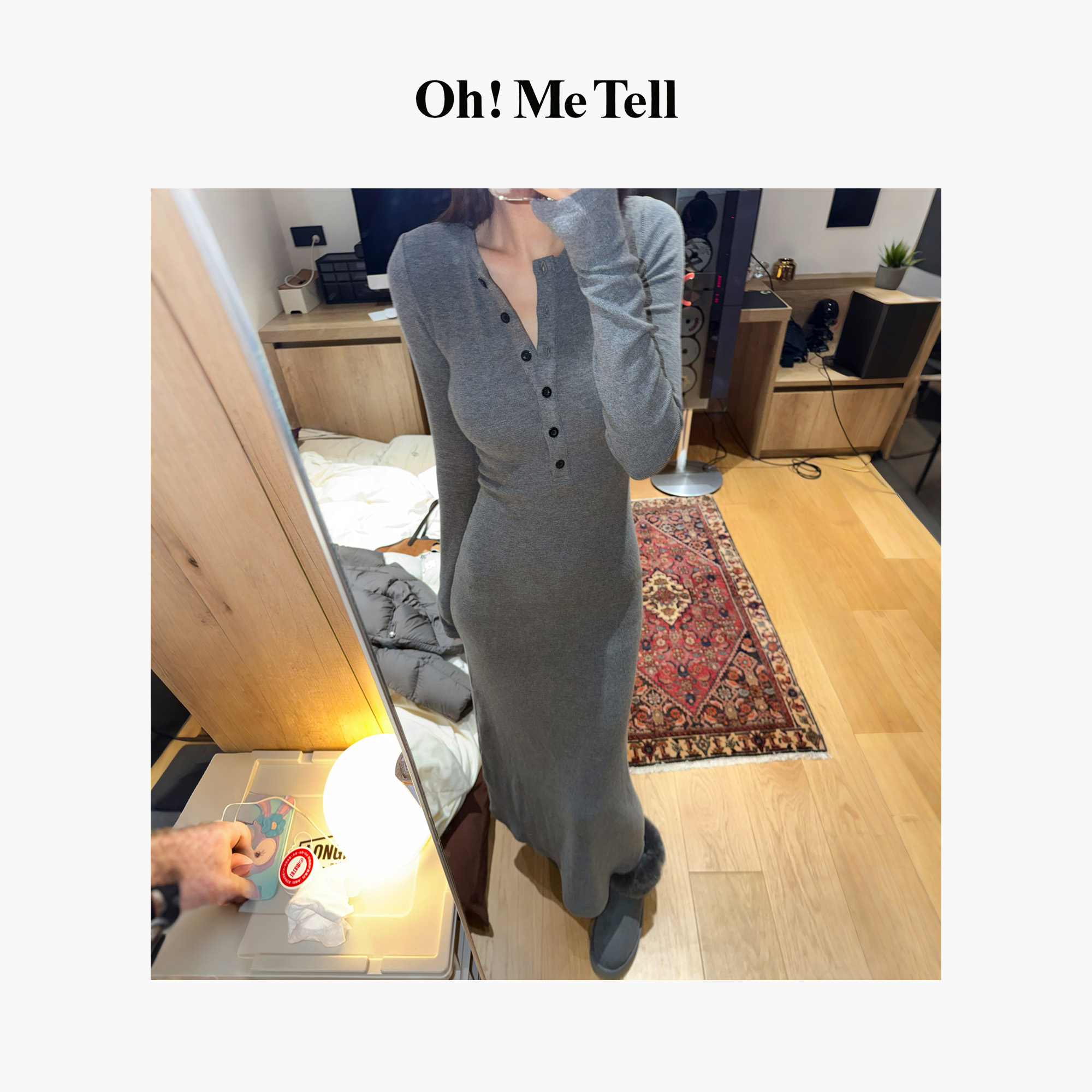 Oh！Me Tell【美式辣妹】亨利领高弹收腰修身显瘦百搭长袖长裙连衣裙