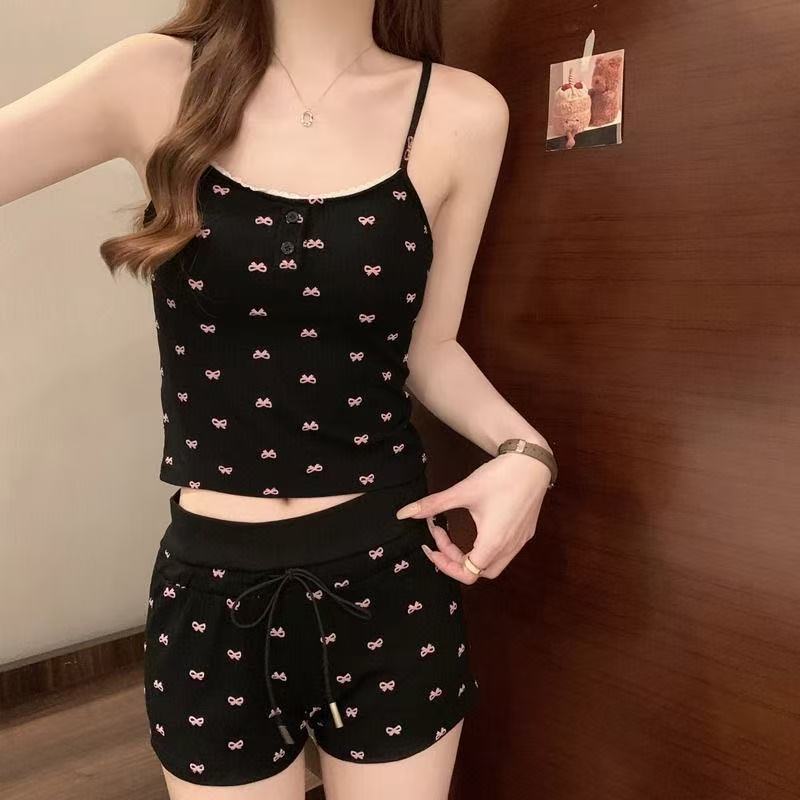 短裤长袖夏季蝴蝶睡衣家居服套装网红挂脖美背女【A区】1438 A28-4