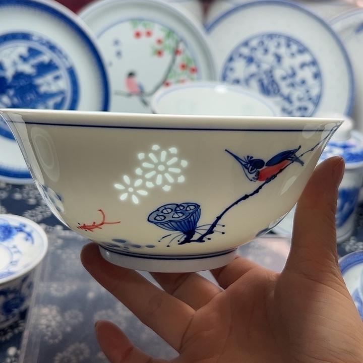 手绘雕刻6寸花鸟面碗