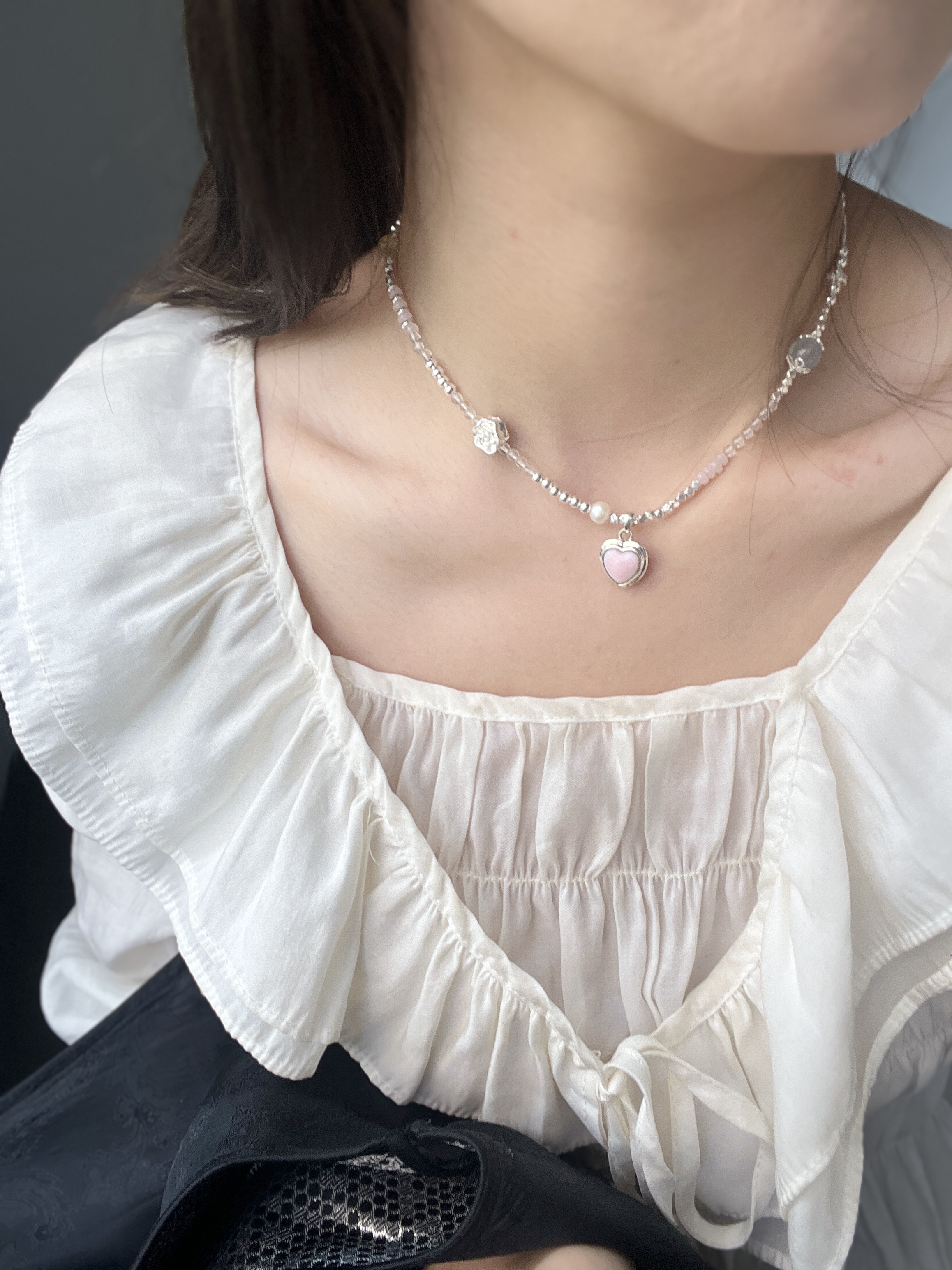坠链均925银 手工粉色爱心多配饰时尚百搭项链
