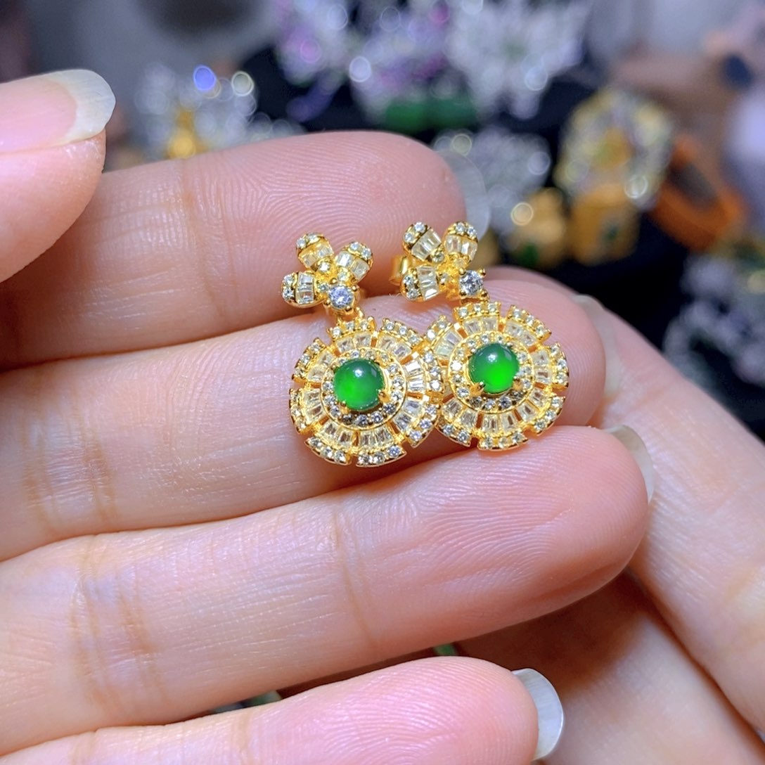 翡翠银S925镶嵌耳饰天然翡翠