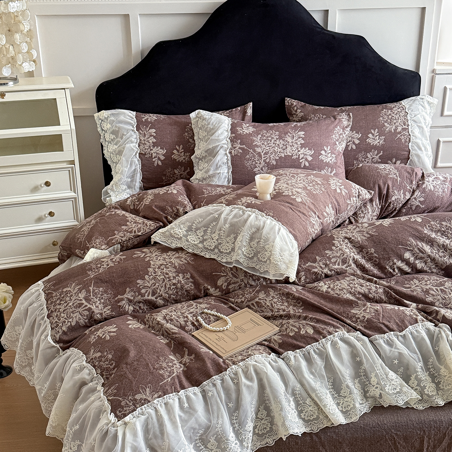 法式复古双层蕾丝花边棉麻床上四件套加厚亚麻磨毛秋冬家纺床品