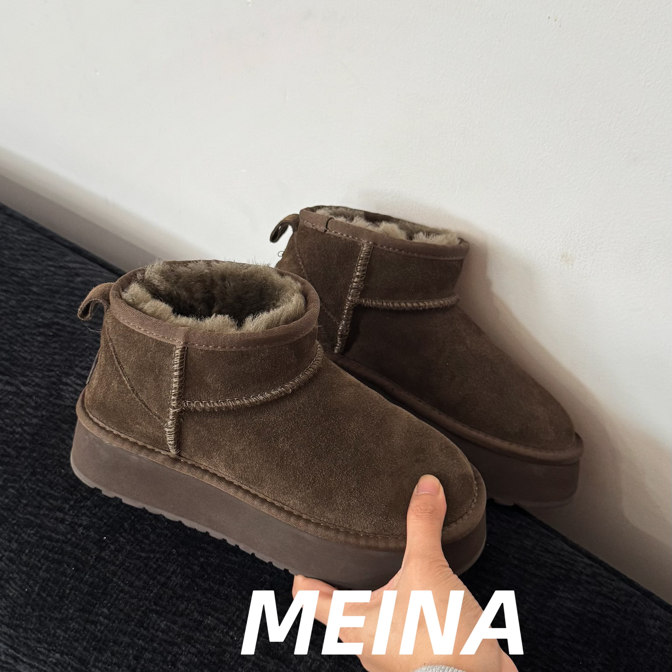 【美娜】冬雨同款磨砂加绒厚底真皮真毛雪地靴6109