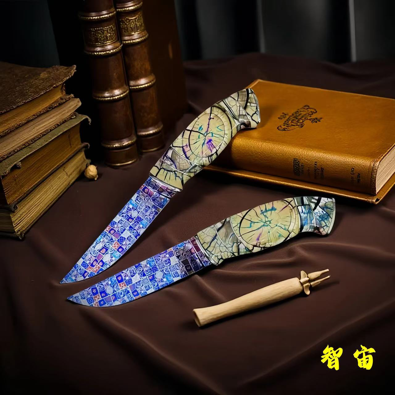 【智宙】蝉砉 大马士革马赛克系列人脸纹 高端收藏级小刀 工艺品