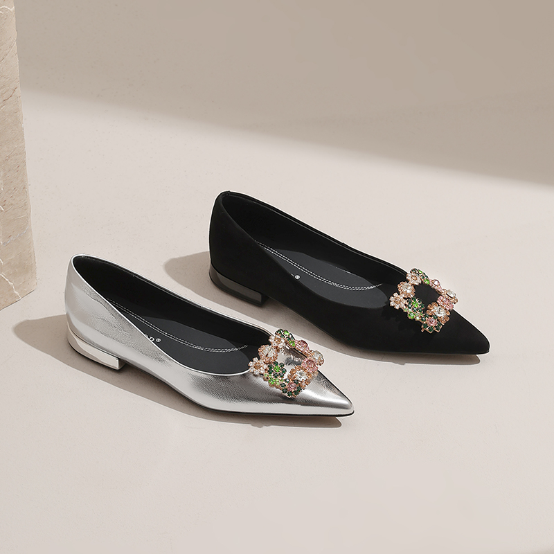 AMEINOR2025秋季新款法式尖头彩色水钻低跟真皮女士尖头0056