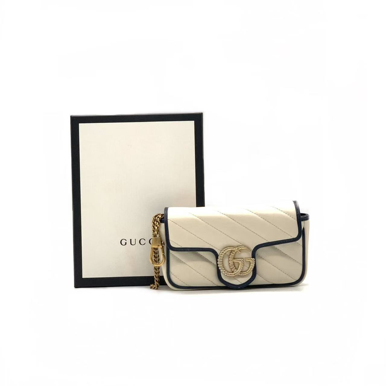 99新 GUCCI/古驰  白色羊角扣马蒙mini链条包