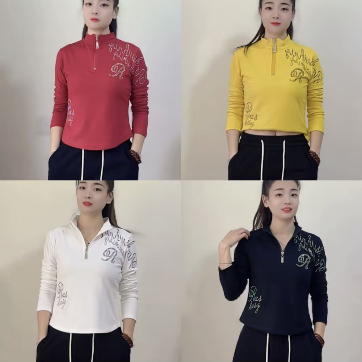 CX1121#秋冬新款磨毛拉绒烫钻柔软亲肤高弹力半拉链长袖T恤女上衣