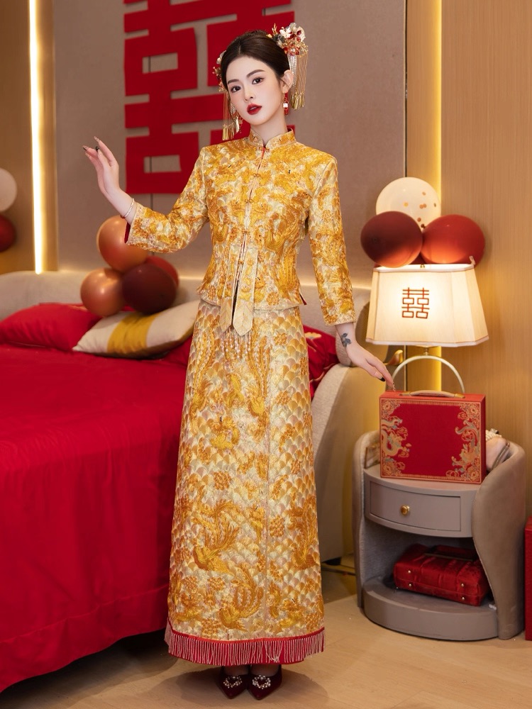 2025年新款黄金甲龙凤褂褂皇女士结婚婚服奢华显瘦嫁衣敬酒服秀禾