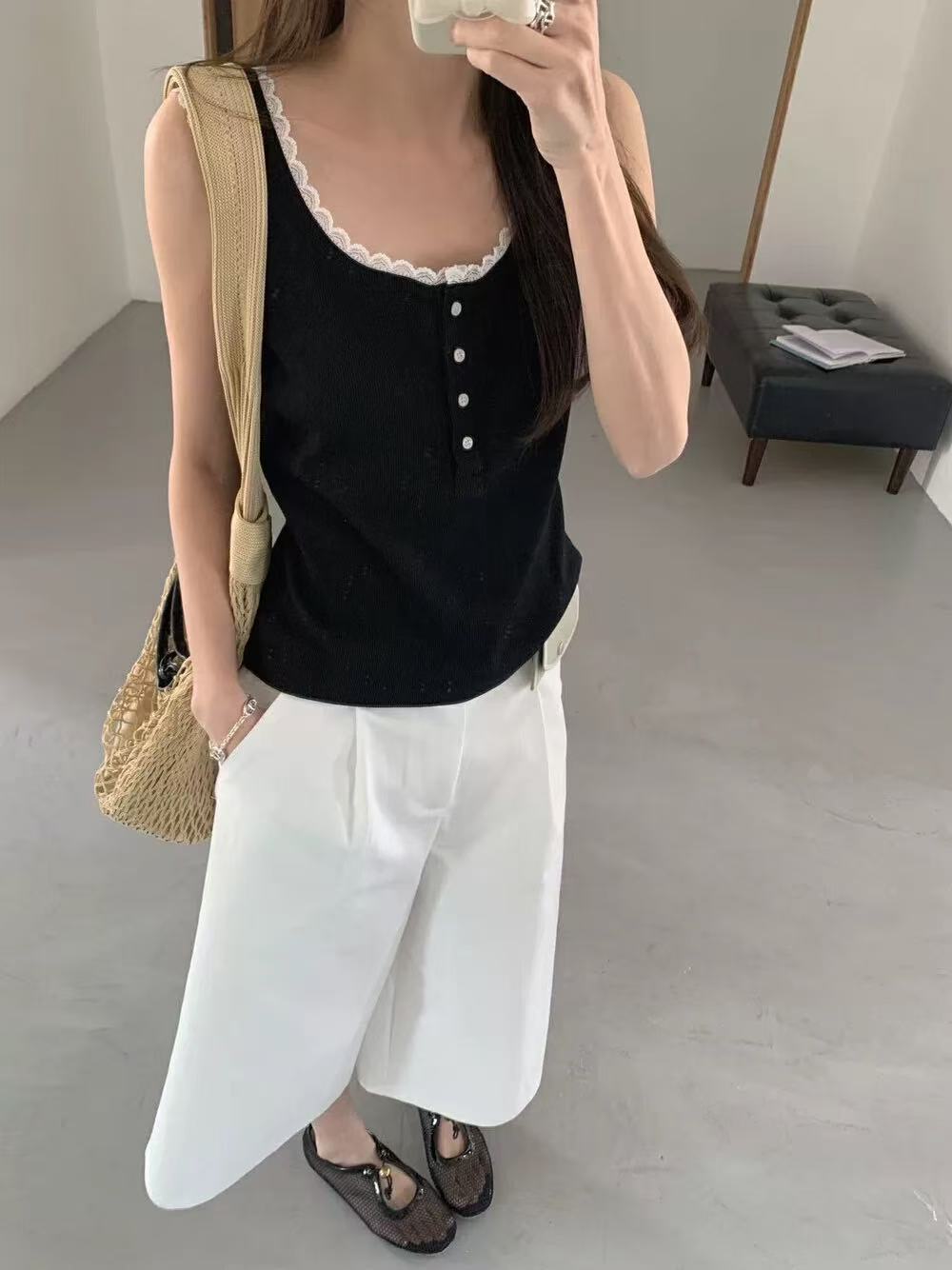 【蕾丝背心】百搭舒适螺纹坑条T