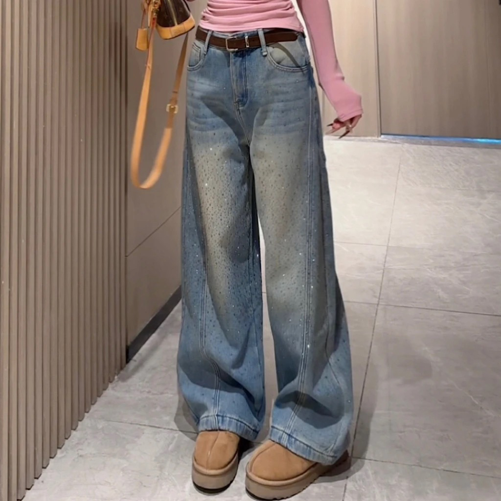 【FF】秋冬加绒高腰烫钻显瘦阔腿牛仔裤女百搭长裤