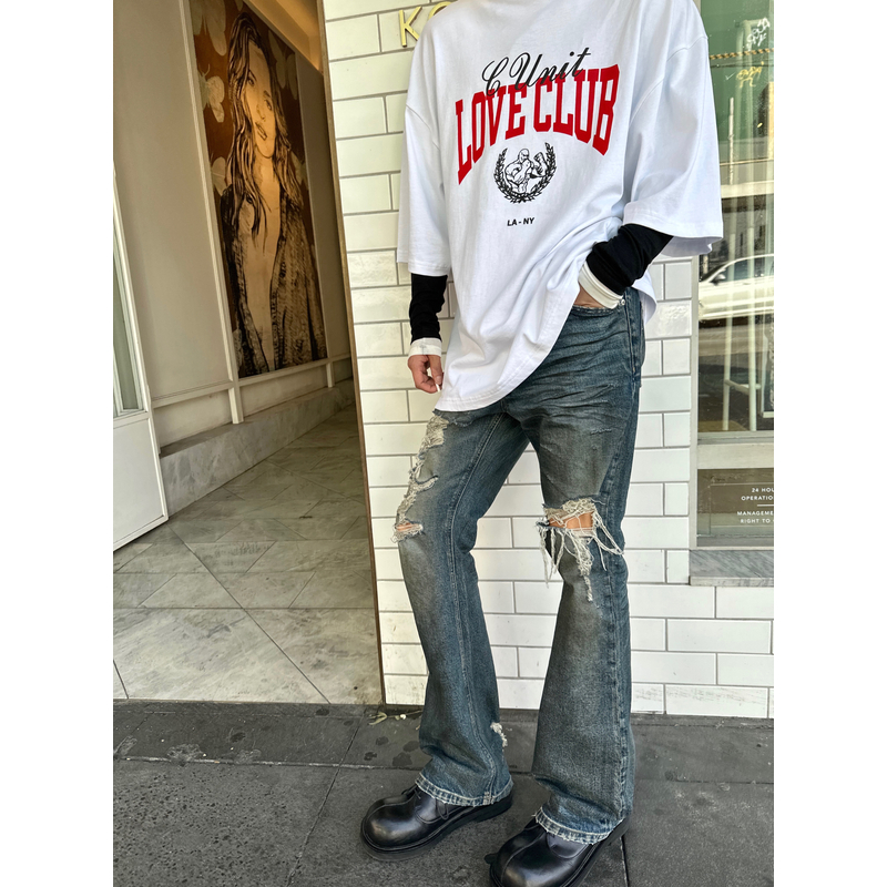 威廉威【时髦竞技场】重磅进口冈山布微喇做旧脏脏破洞牛仔裤E900