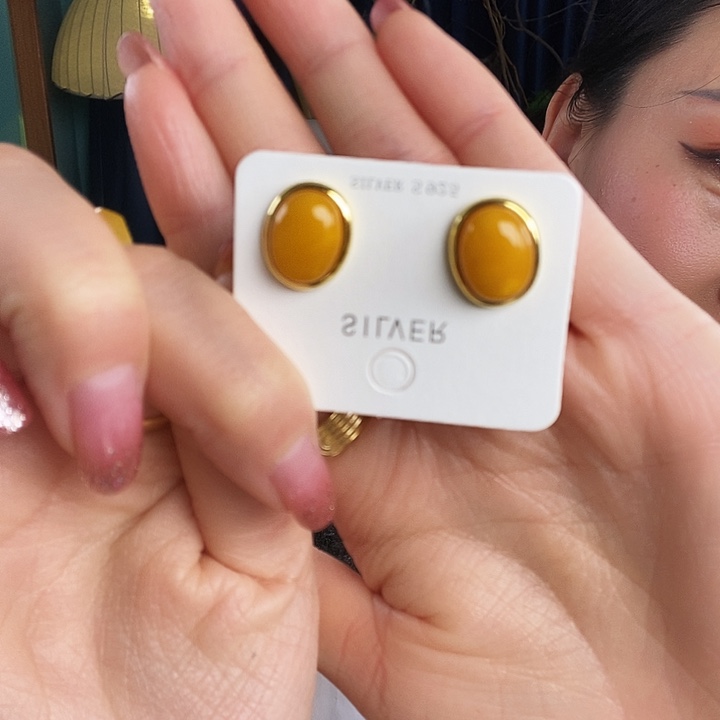 蜜蜡银S925镶嵌耳饰耳钉