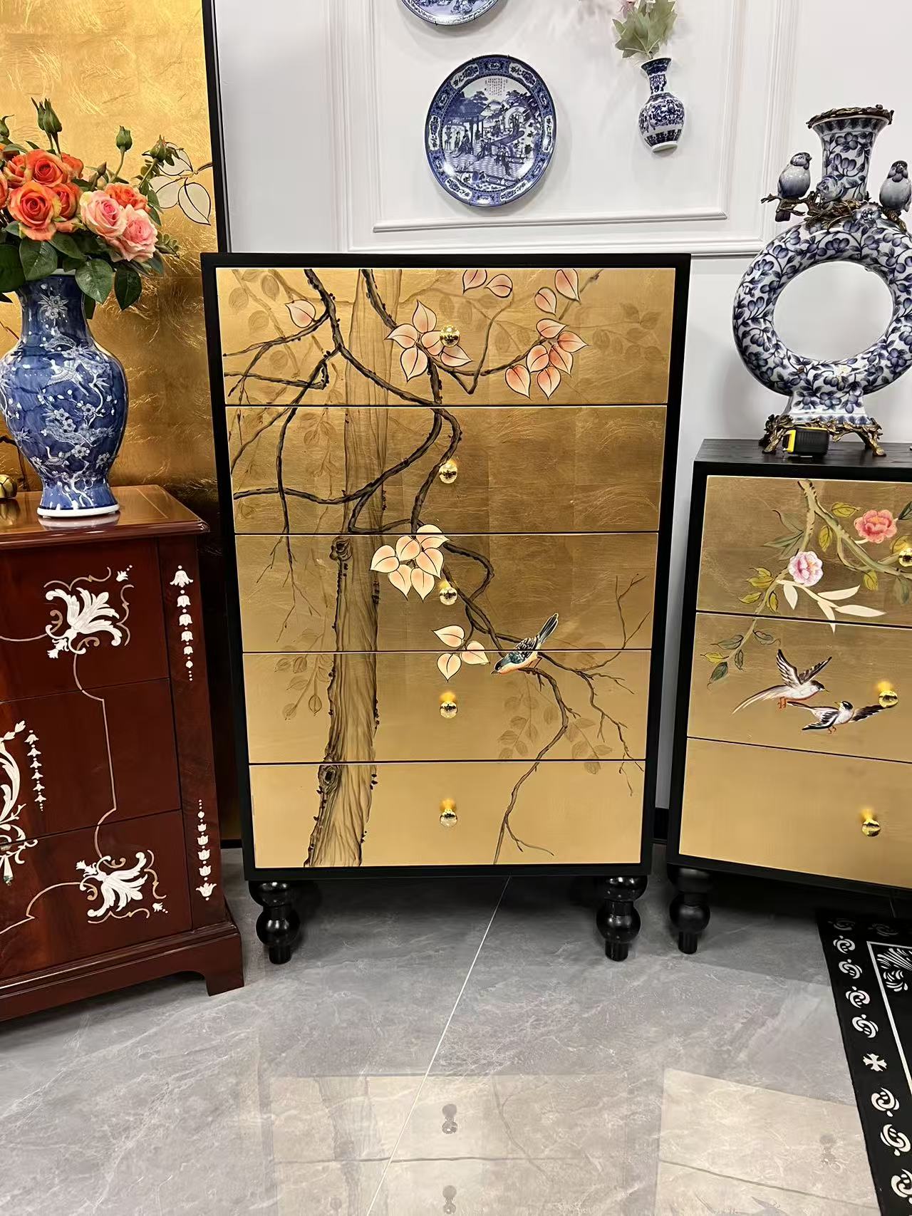 新中式花鸟金箔彩绘五斗柜客厅边柜储物柜