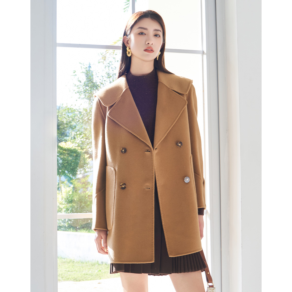 【葛深深专属】朗文斯汀气质海军领驼色双排扣毛呢外套G35308262