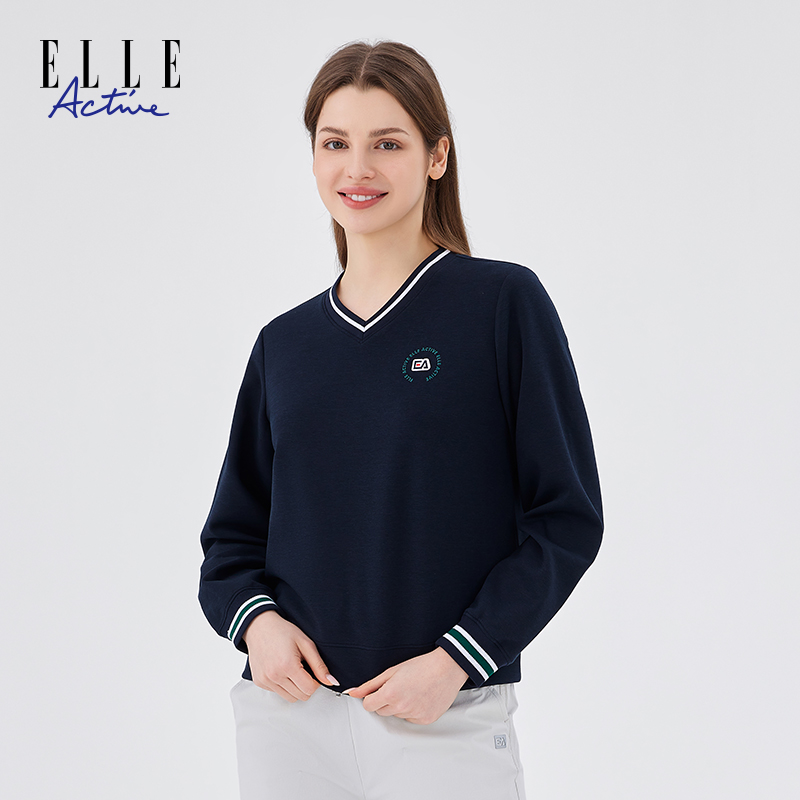 ELLE Active新款时尚女士宽松卫衣百搭运动V领套头长袖上衣女装秋