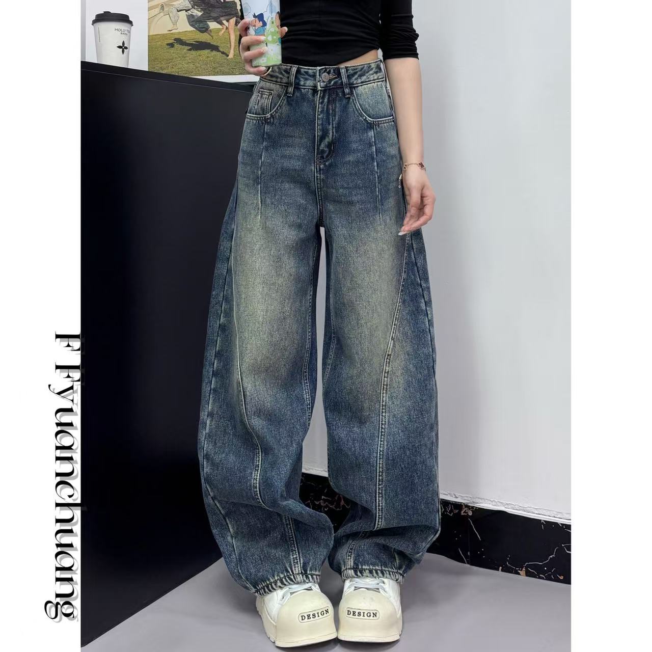 EZ5002-2秋冬加绒新款2025百搭设计显瘦显腿长炸街美式牛仔弯刀裤