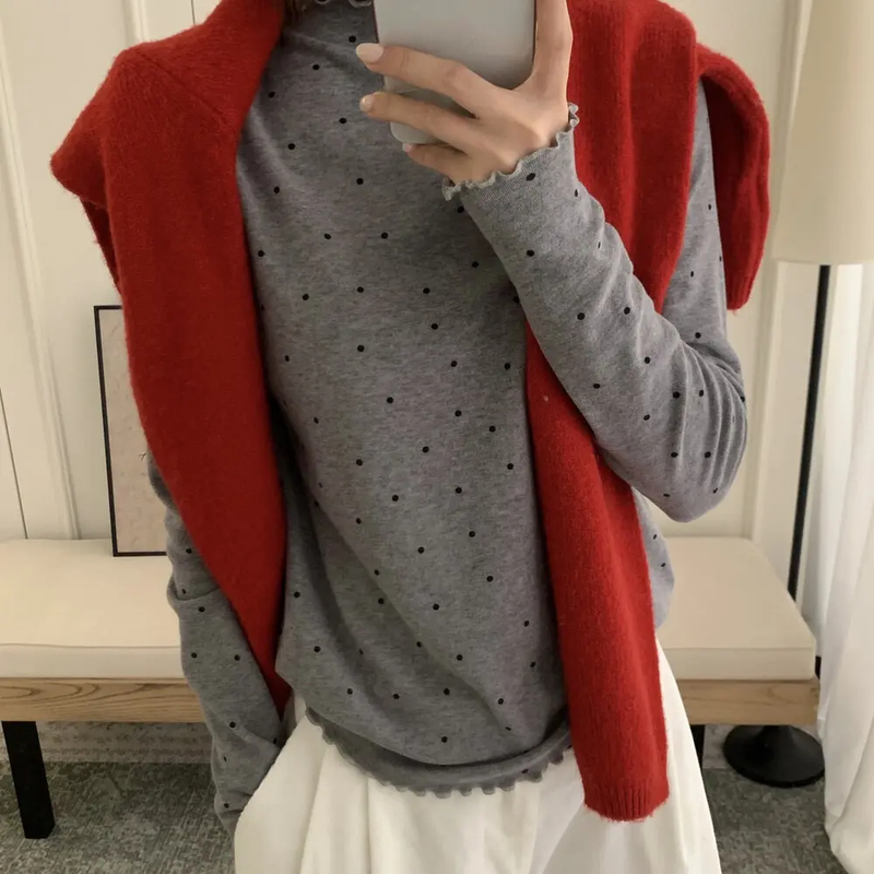 木耳边半高领纯色波点T恤保暖韩版时尚常规长袖女秋冬打底衫ins