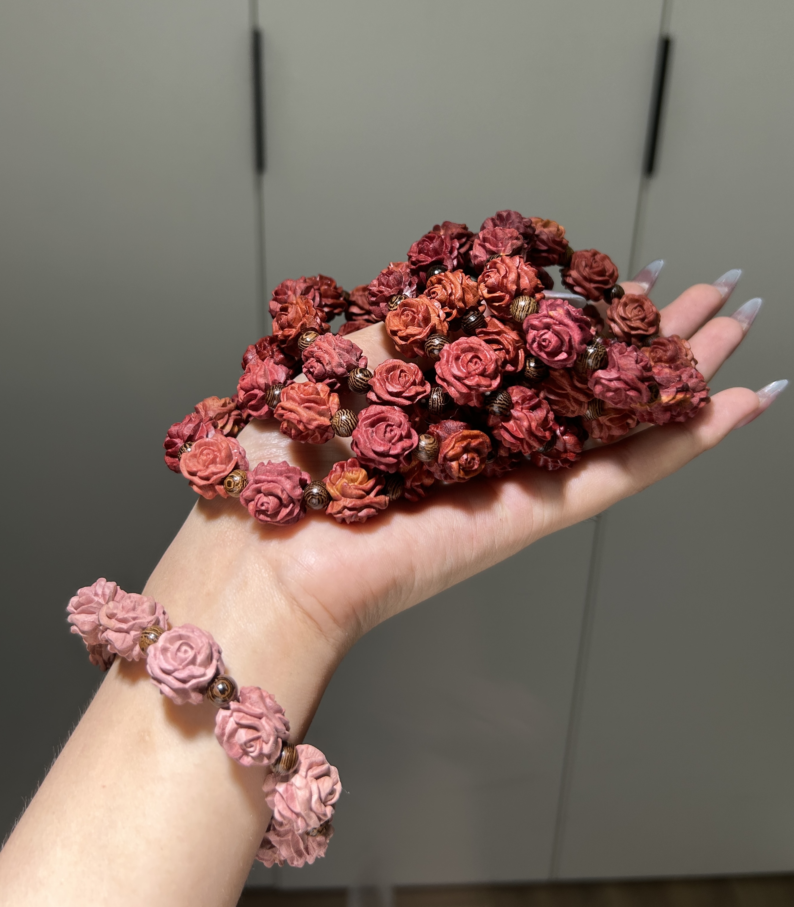非金属木质手链 血柏木三面玫瑰花球散珠成品手串