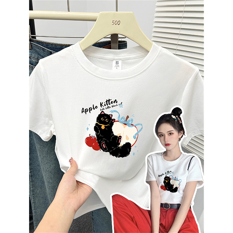 【运补】趣味猫咪正肩短袖t恤女生夏装弹力修身设计感显瘦外穿上衣