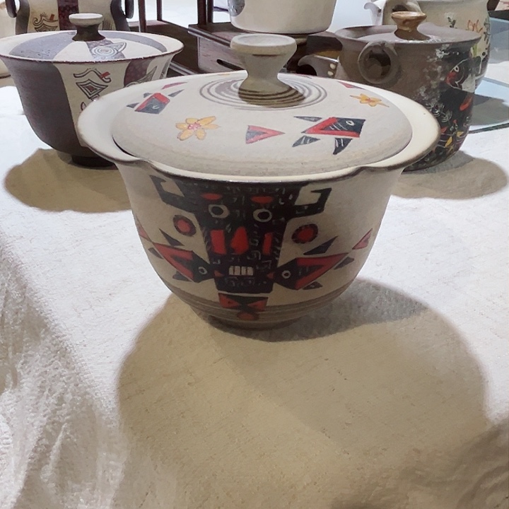 陶八工青铜人面两才盖碗