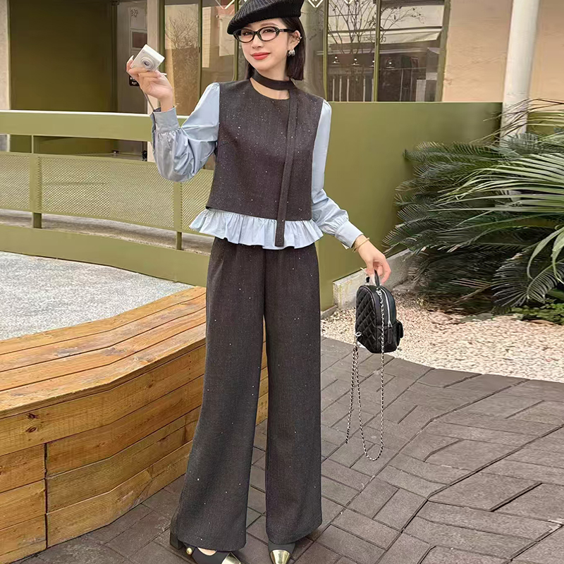 2.18早预告款春季新款假两件亮片上衣裤子时尚两件套装 KKRL0412