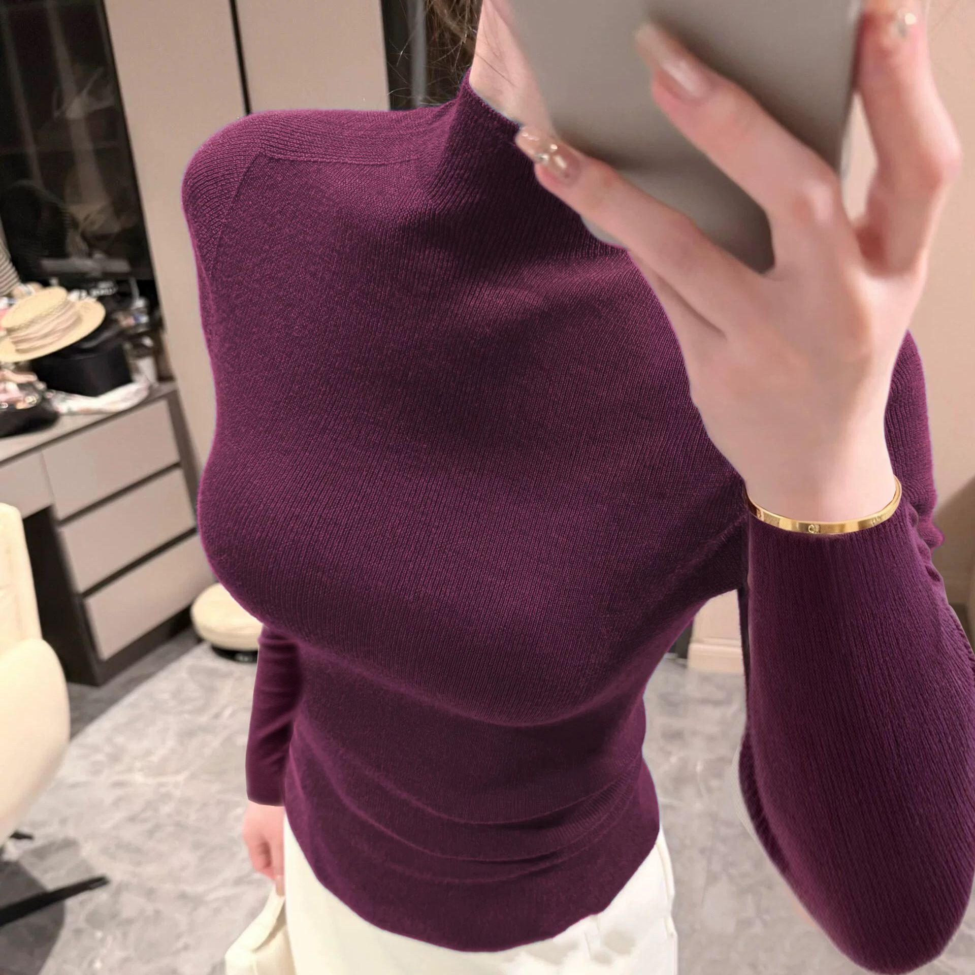 2025秋冬新款流行韩系高贵紫半高领针织打底衫女羊毛气质内搭毛衣