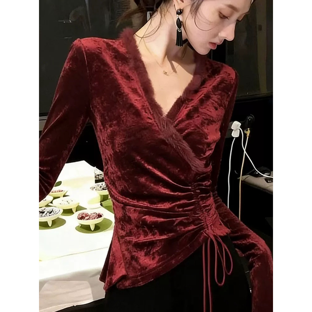 不规则v领长袖t恤女2025春季新款女装褶皱收腰上衣+皮裙套装