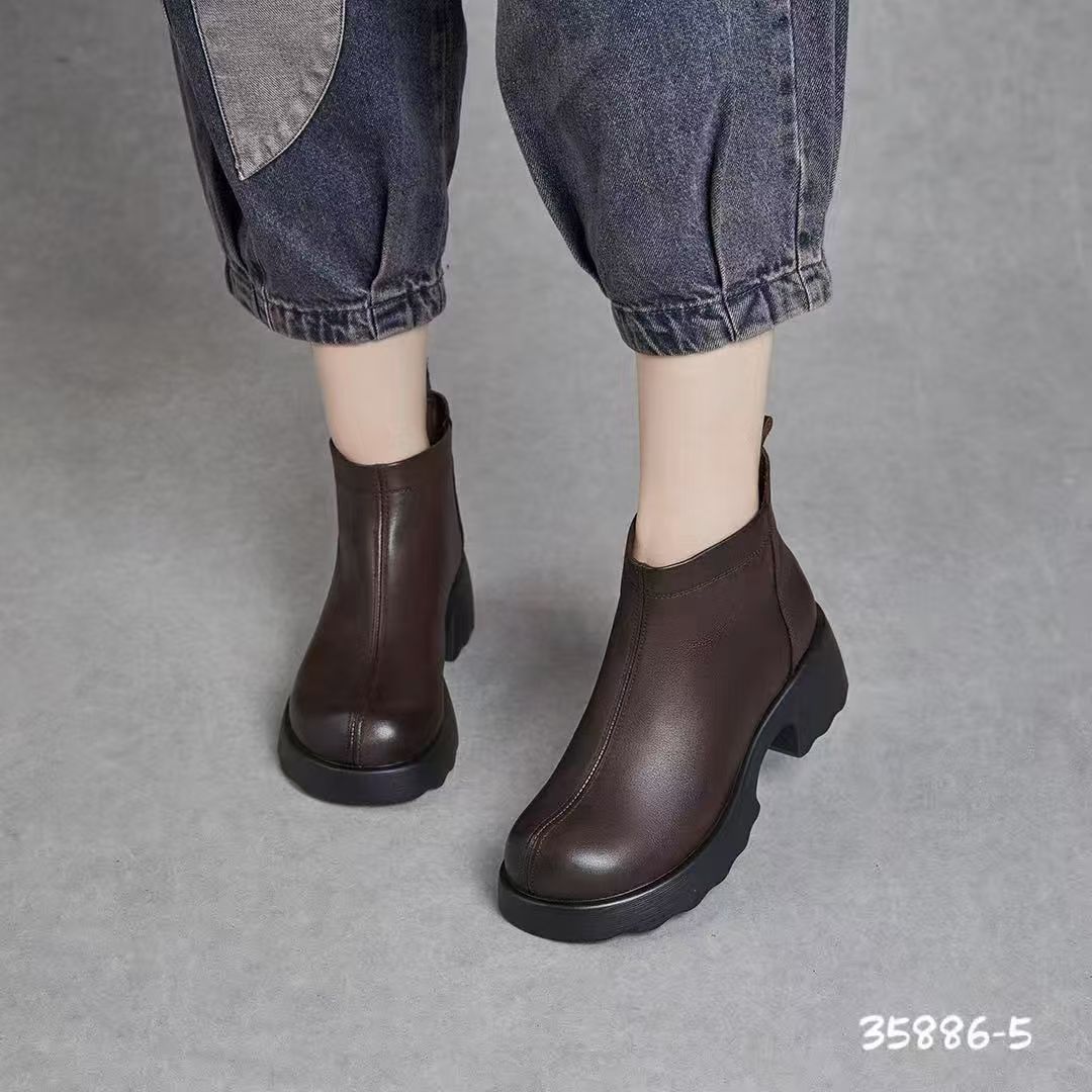 复古短靴女靴休闲中跟秋冬加绒牛皮女靴厚底女冬季