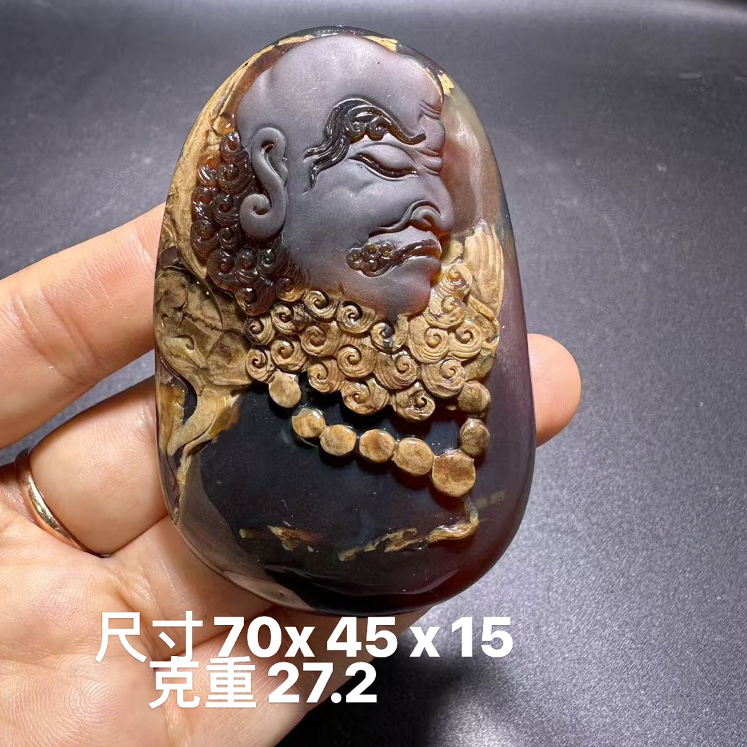 缅甸天然琥珀溶洞俏色巧雕达摩吊坠