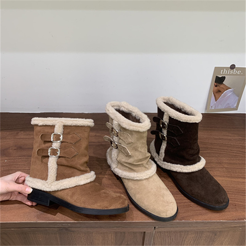 羊羔毛加绒短靴女2025年冬季圆头两穿皮带扣保暖加厚雪地靴棉靴子