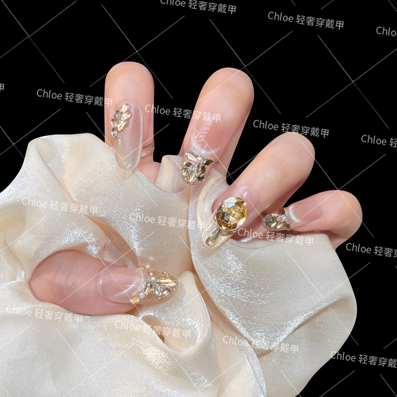 【冰透金蝶】秋冬香槟色纯手工穿戴甲高级贵气款美甲片可反复戴