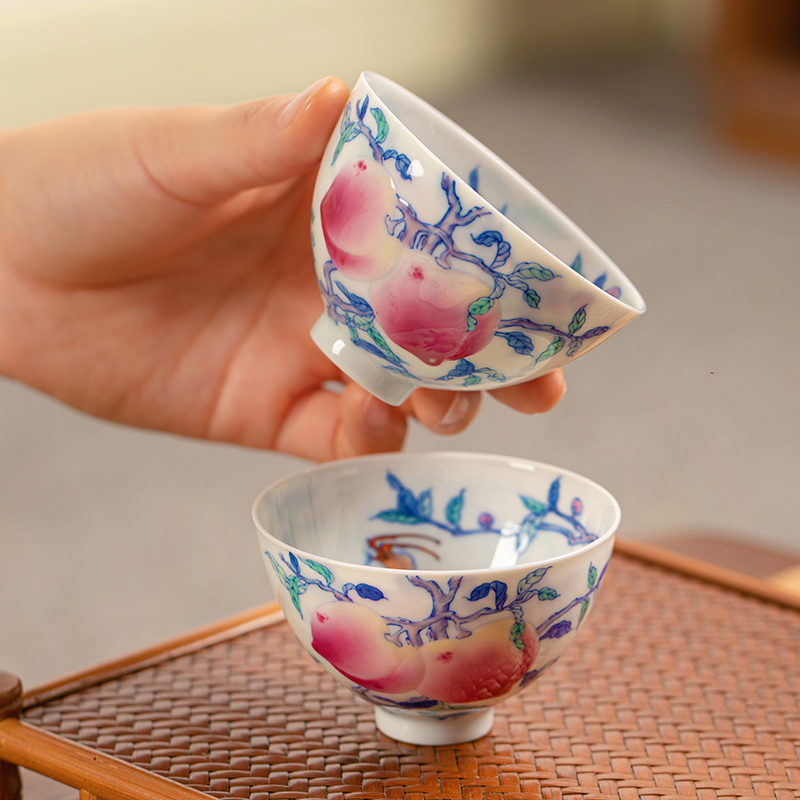 一思堂景德镇陶瓷青花手绘斗彩寿桃福寿连錦鸡心杯手工品茗杯单杯