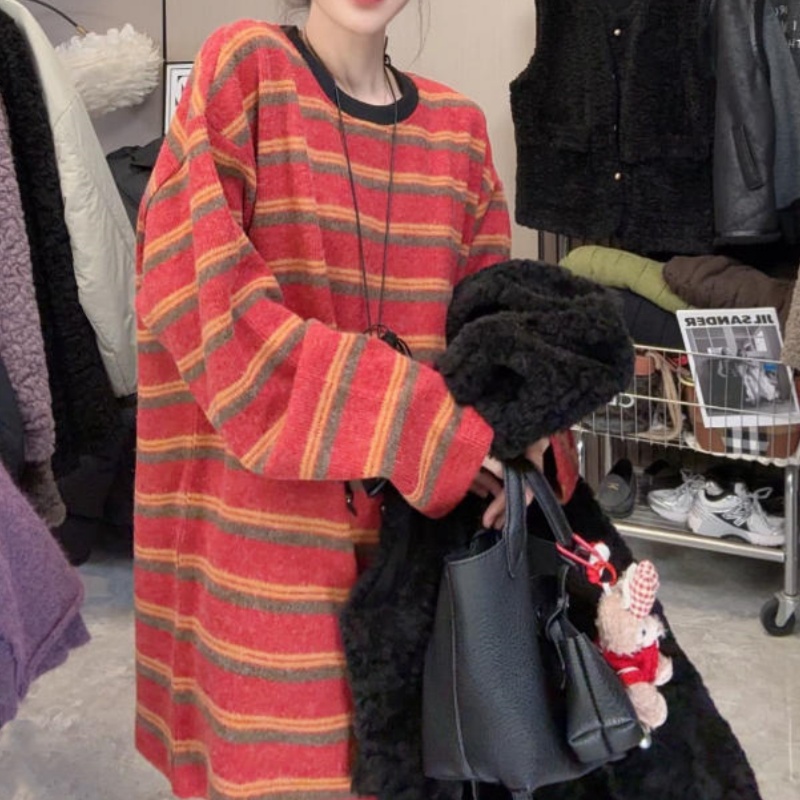 秋冬上新~加厚撞色百搭条纹时尚宽松T恤休闲简约中长款打底衫上衣