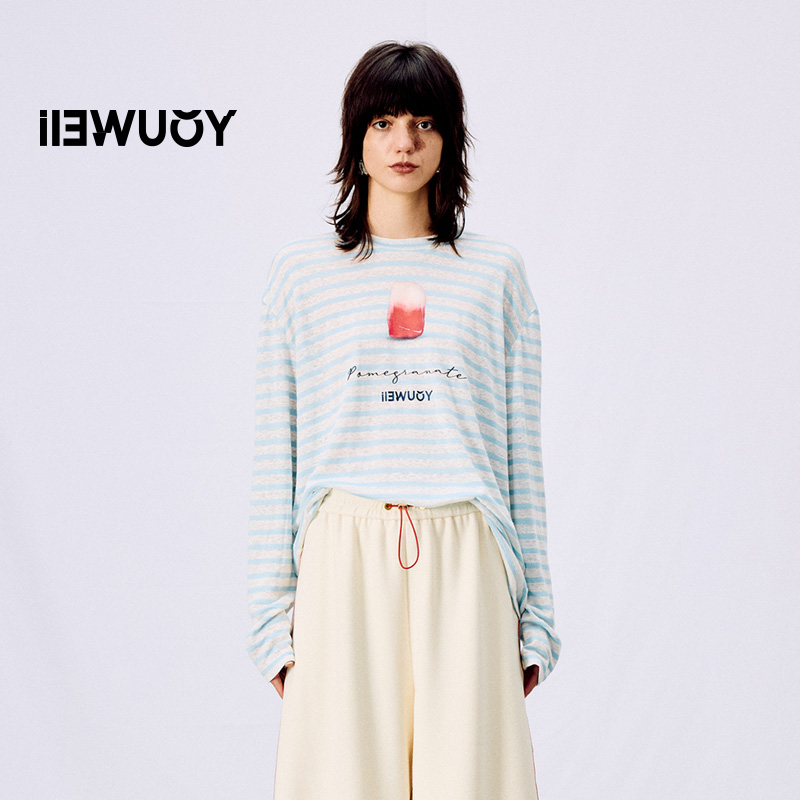 YOUWEI有尾 石榴籽印花条纹直身长袖T恤Y1225112