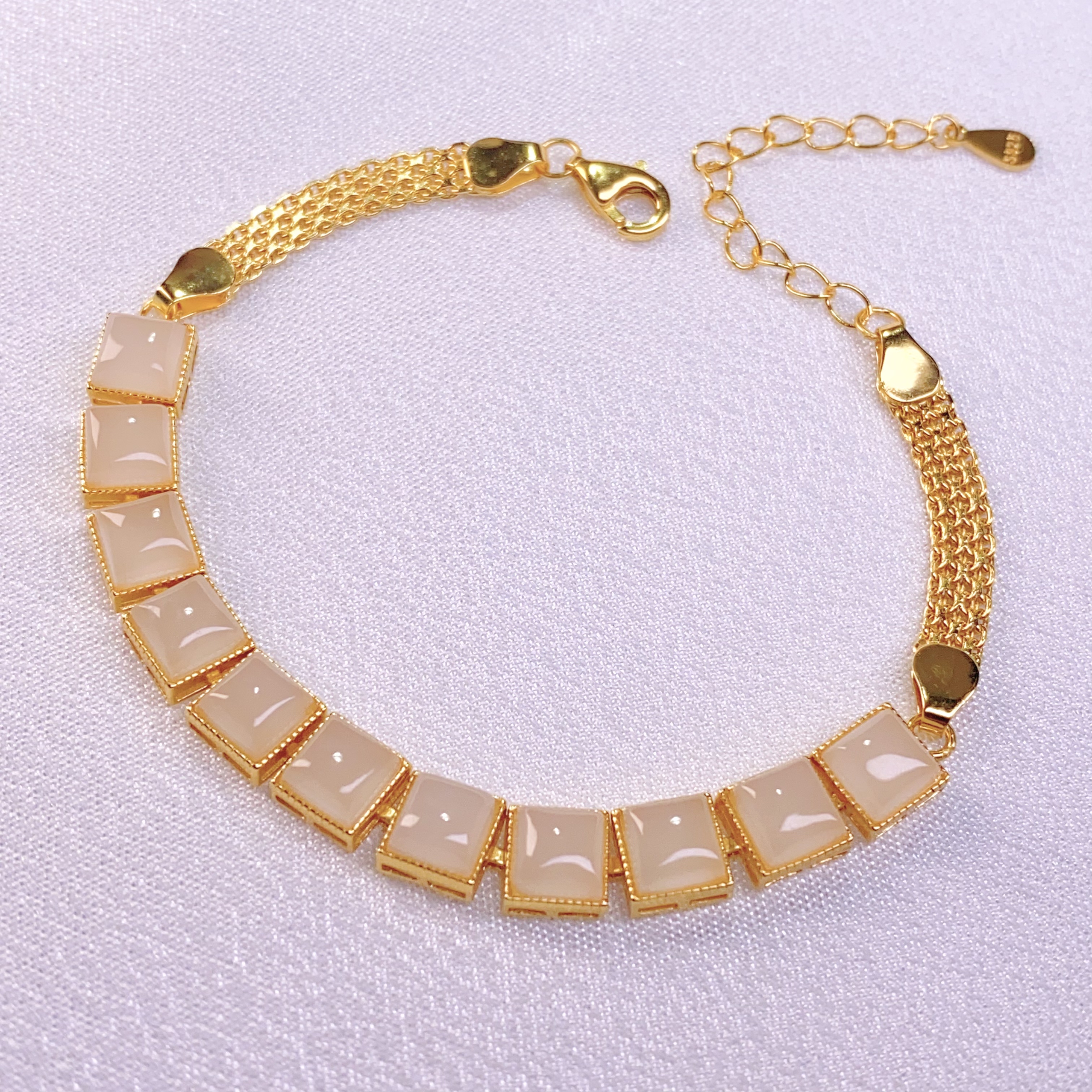 天然和田玉青海料藕粉方糖925银时尚手链银手饰女可调节@0050