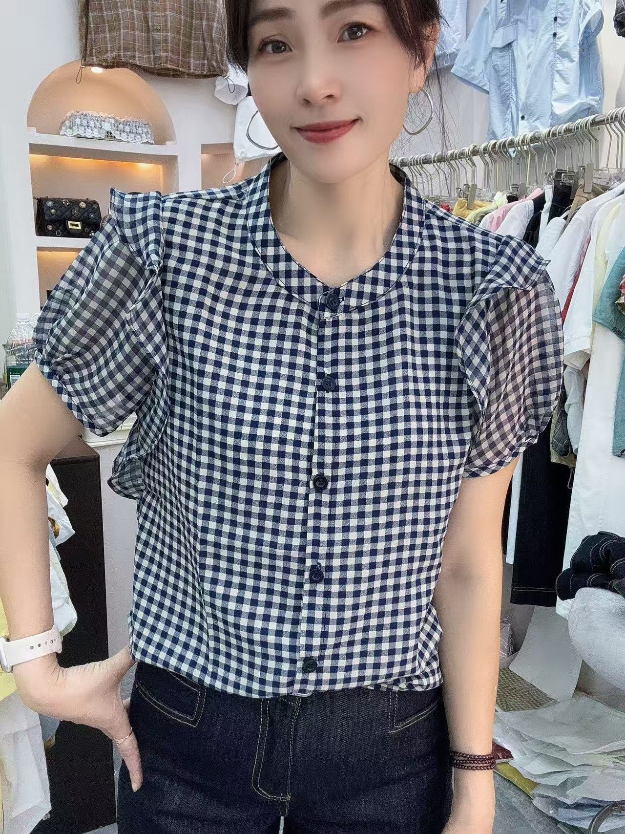 【秀家】夏季新款短袖荷叶边特色拼接袖子时尚格子衬衫5870开衫好穿
