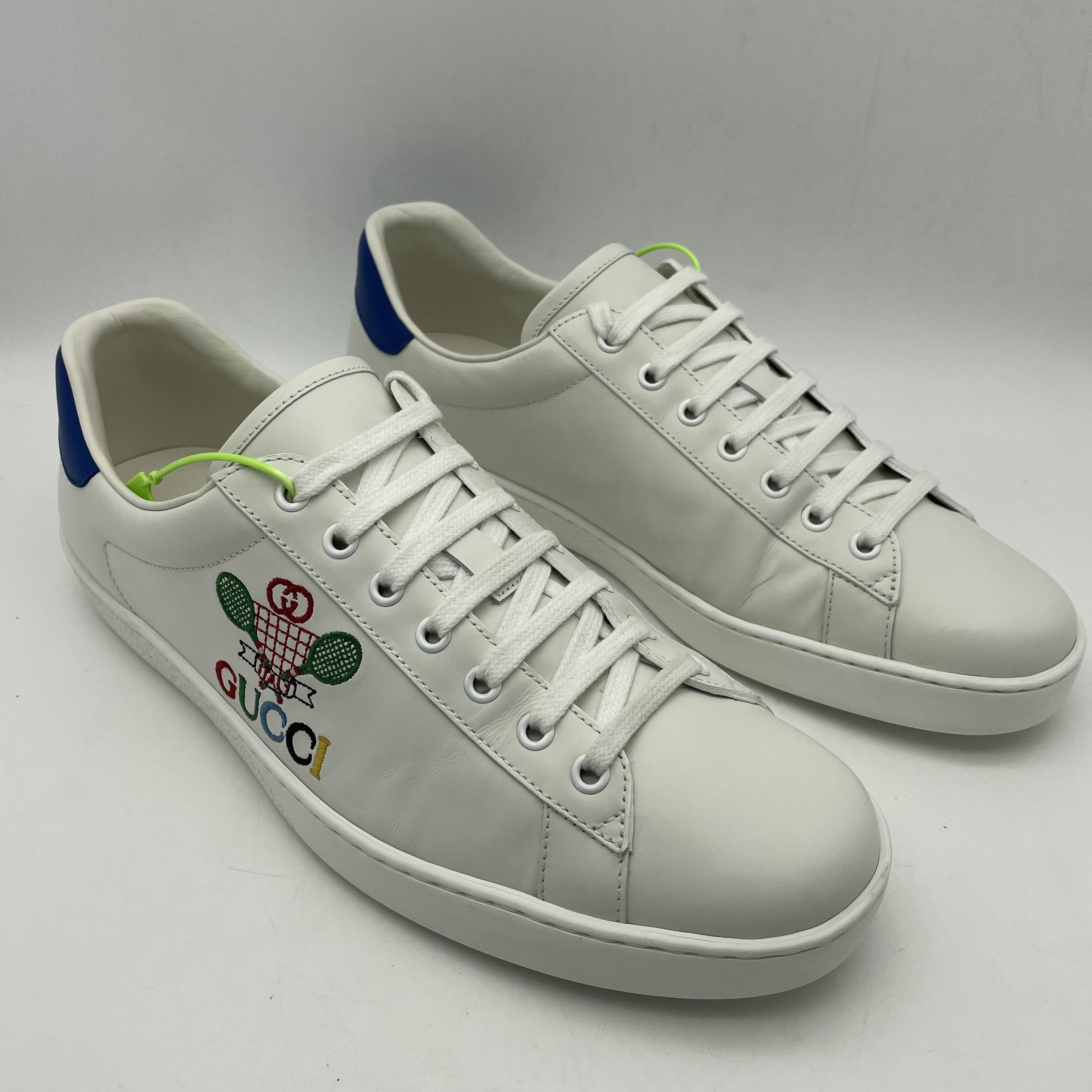 95新 GUCCI/古驰  /44/43欧码 男士白色刺绣网球拍休闲时尚板鞋