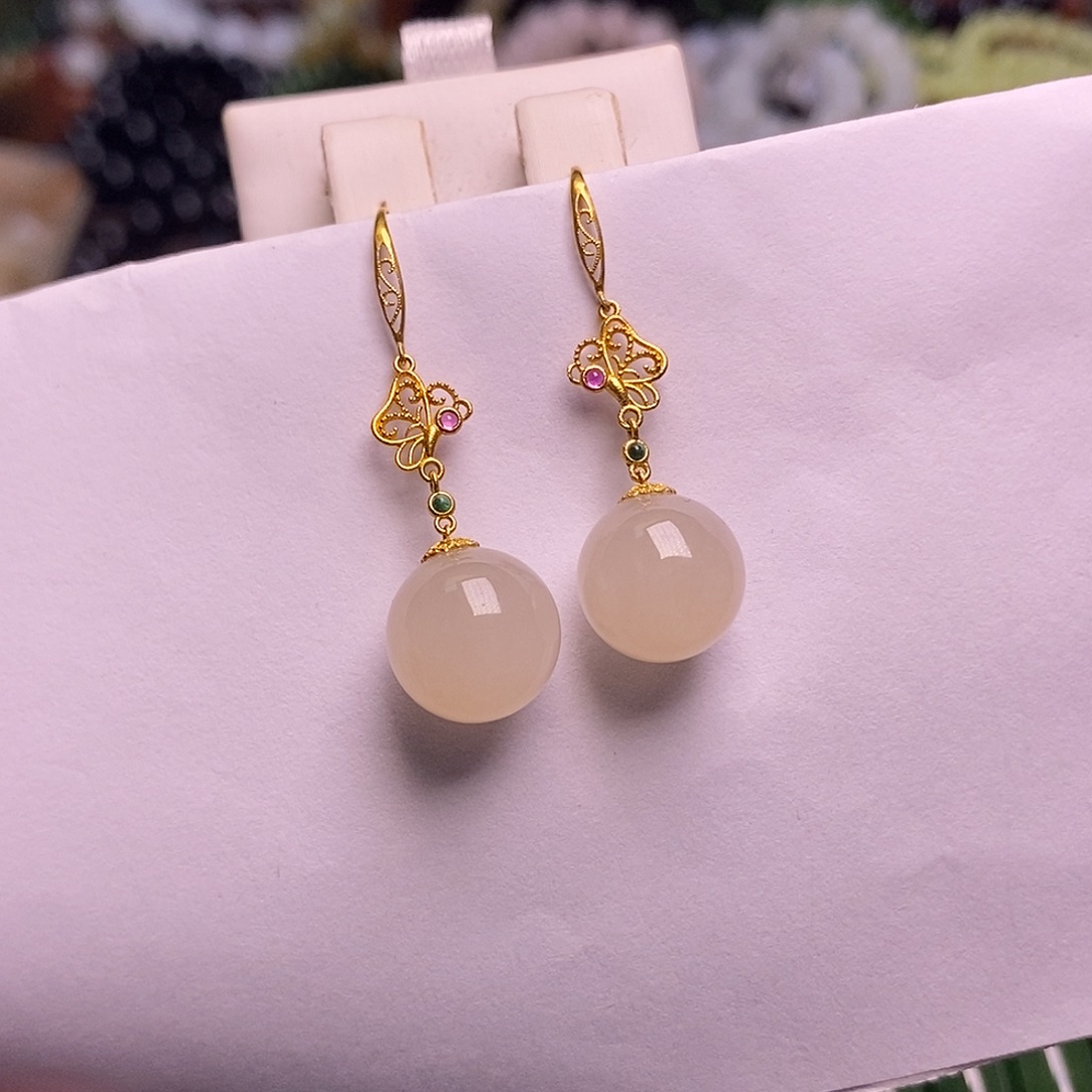 和田玉未镶嵌颈饰老矿料浓藕粉金镶耳坠12mm