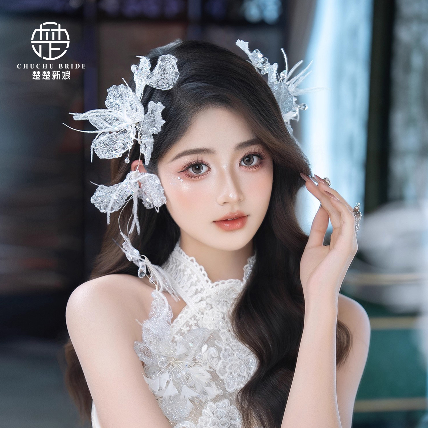 新娘婚礼跟妆造型韩式森系超仙美水晶流苏边夹头饰发饰套装