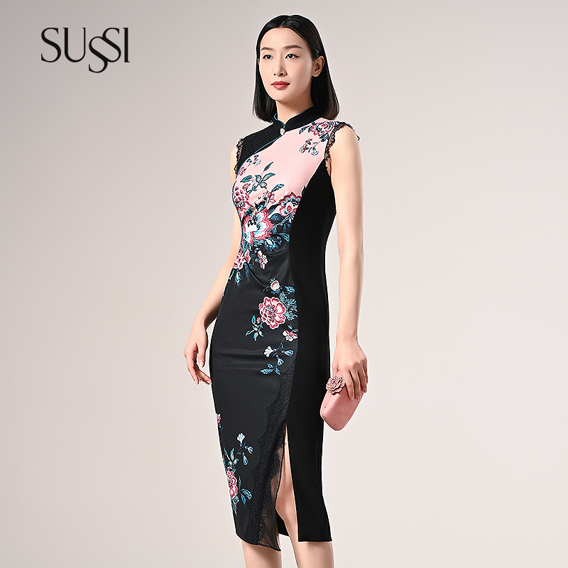 SUSSI/古色【墨粉花影】新中式印花改良旗袍年会礼服旗袍连衣裙女