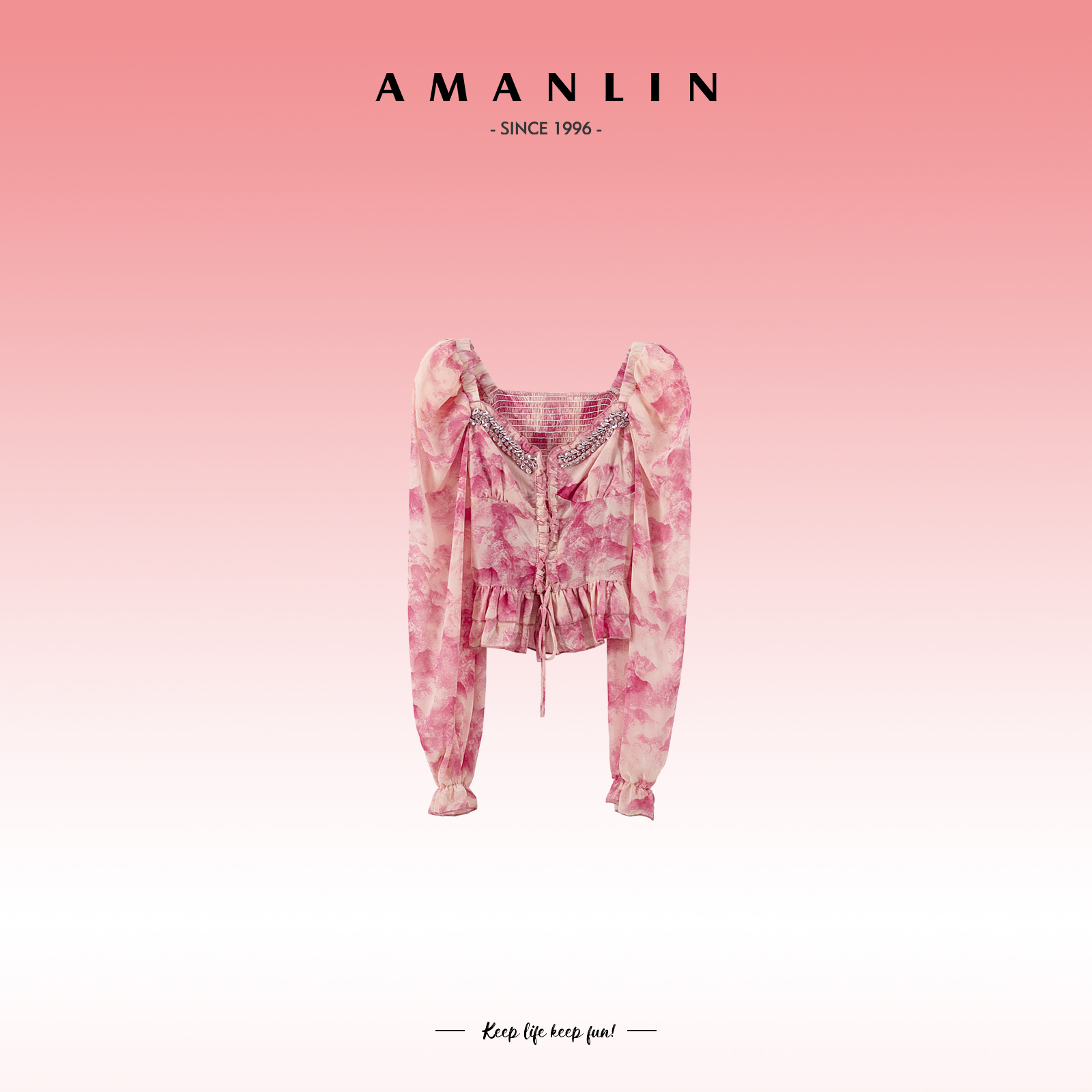 AMANLIN/阿謾琳法式高级感印花显瘦气质时尚显瘦套头上衣F595676