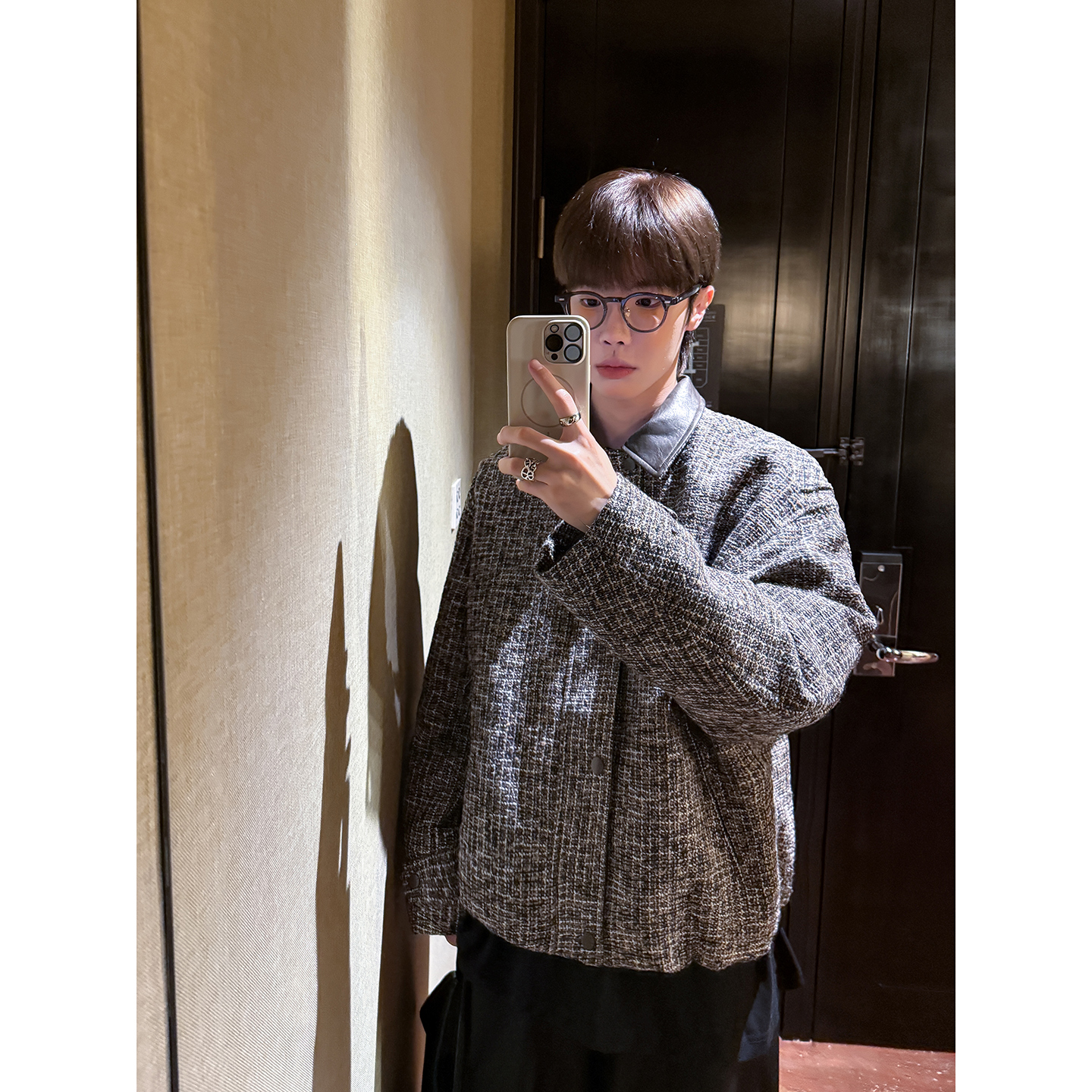 高林凡 气质小香风翻领拼皮短款夹克男女同款百搭休闲外套