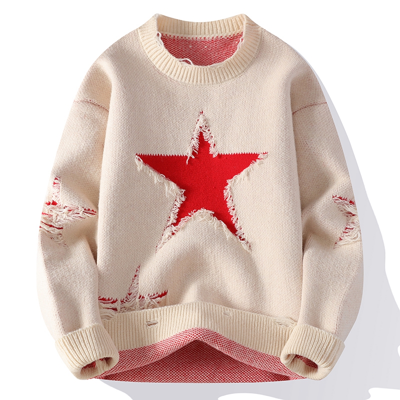 双11秋冬青少年针织衫五角星提花纯色圆领毛衣学生宽松帅气毛衣男