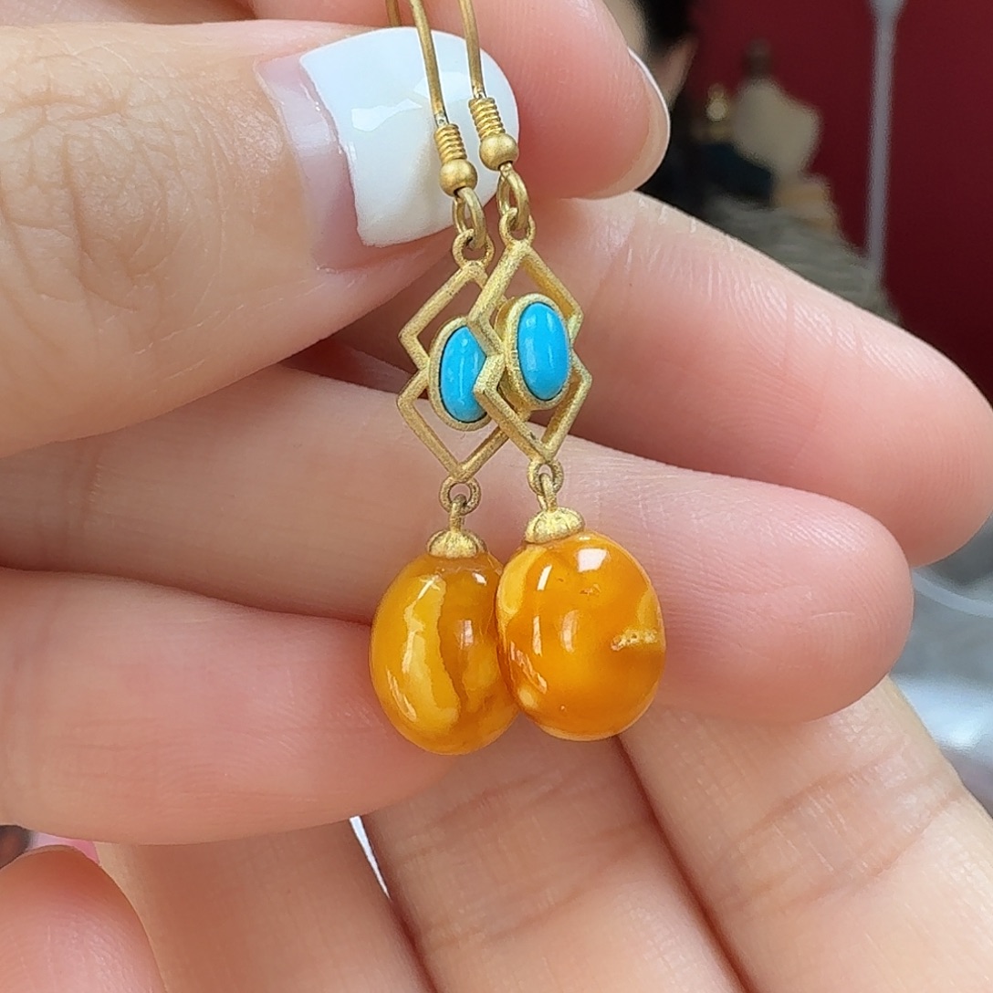 蜜蜡银S925镶嵌耳饰耳坠