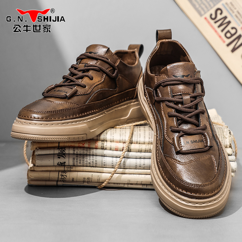 公牛世家男鞋冬季2025新款皮鞋低帮工装鞋免系带休闲板鞋爆款秋冬