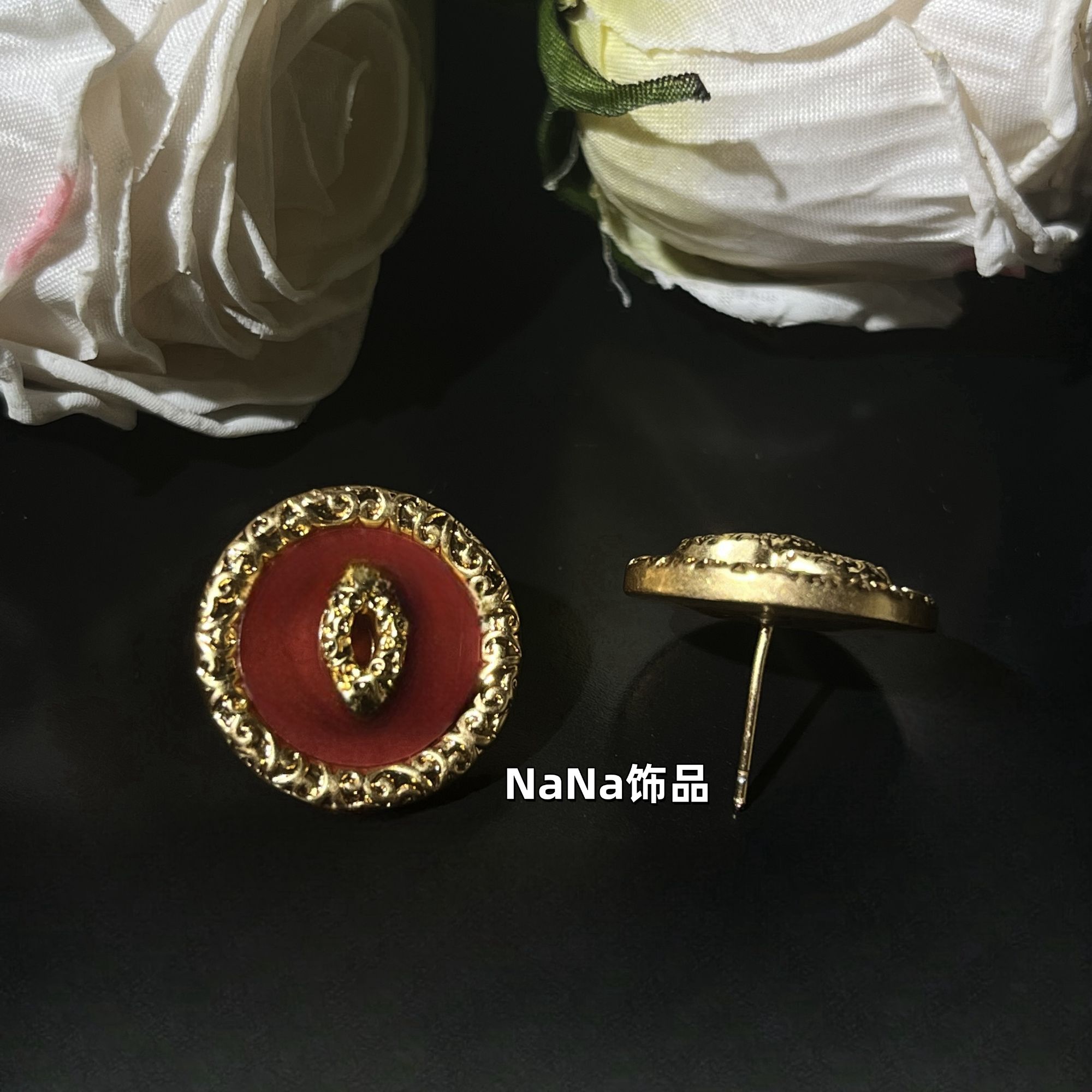 铜合金耳饰 红色中古金圆形耳钉 A052