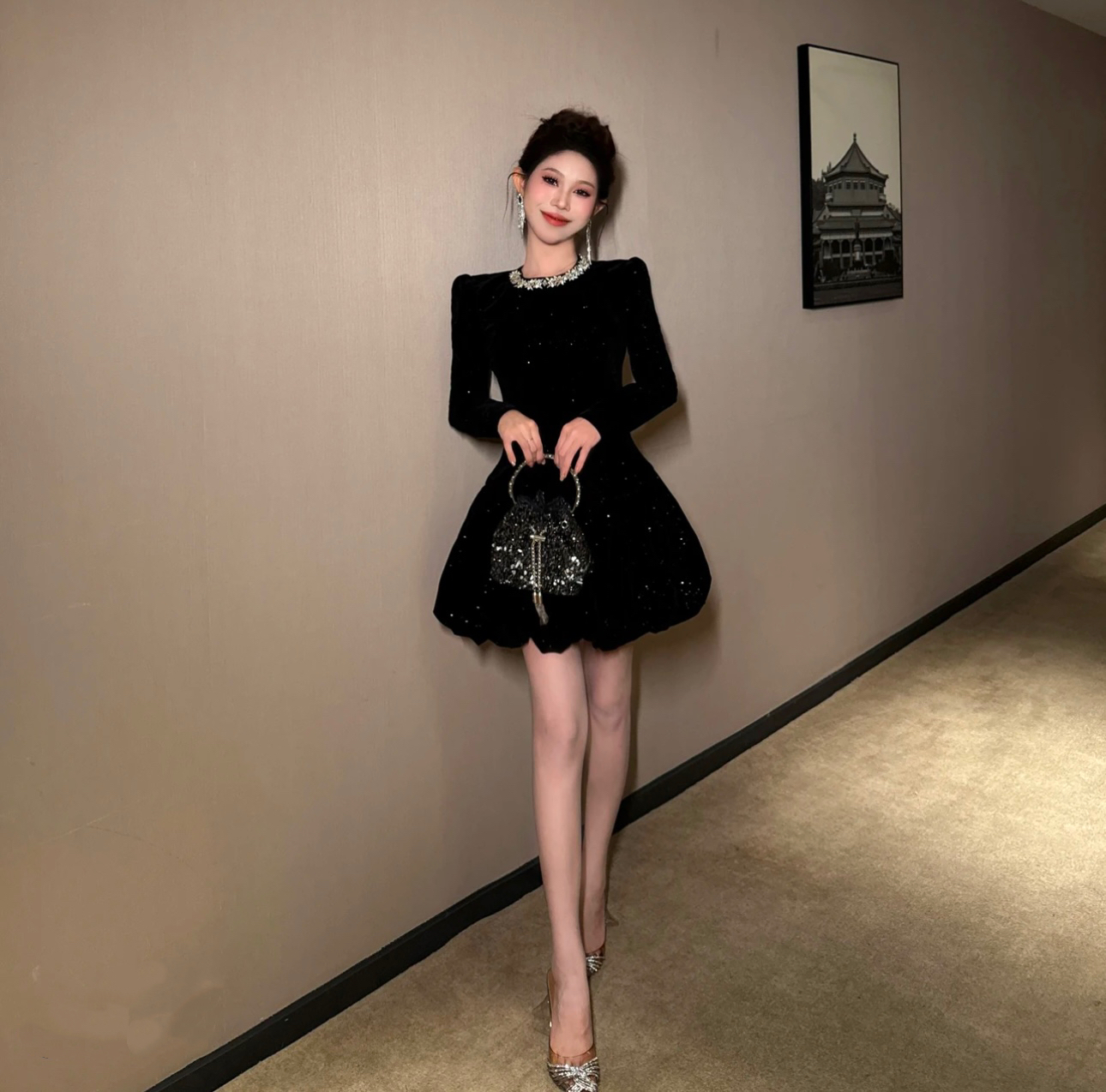 （原版好质量）小香风气质名媛时尚拼接韩版连衣裙小黑裙黑色8384